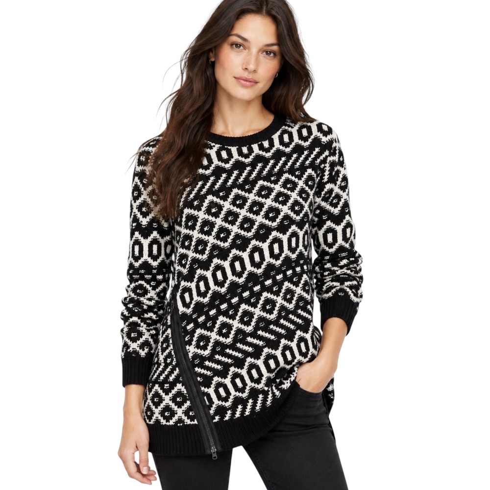 Ann Taylor Wool Blend Sweater L Black Ivory Fair Isle Asymmetrical Zip Tunic